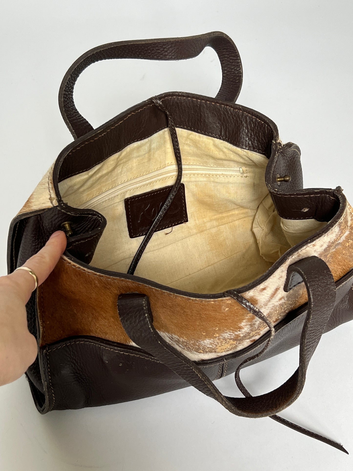 Distressed Cowhide Bag with Brown Leather