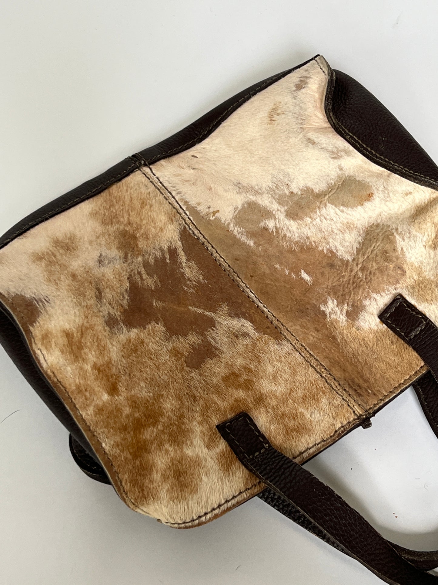 Distressed Cowhide Bag with Brown Leather