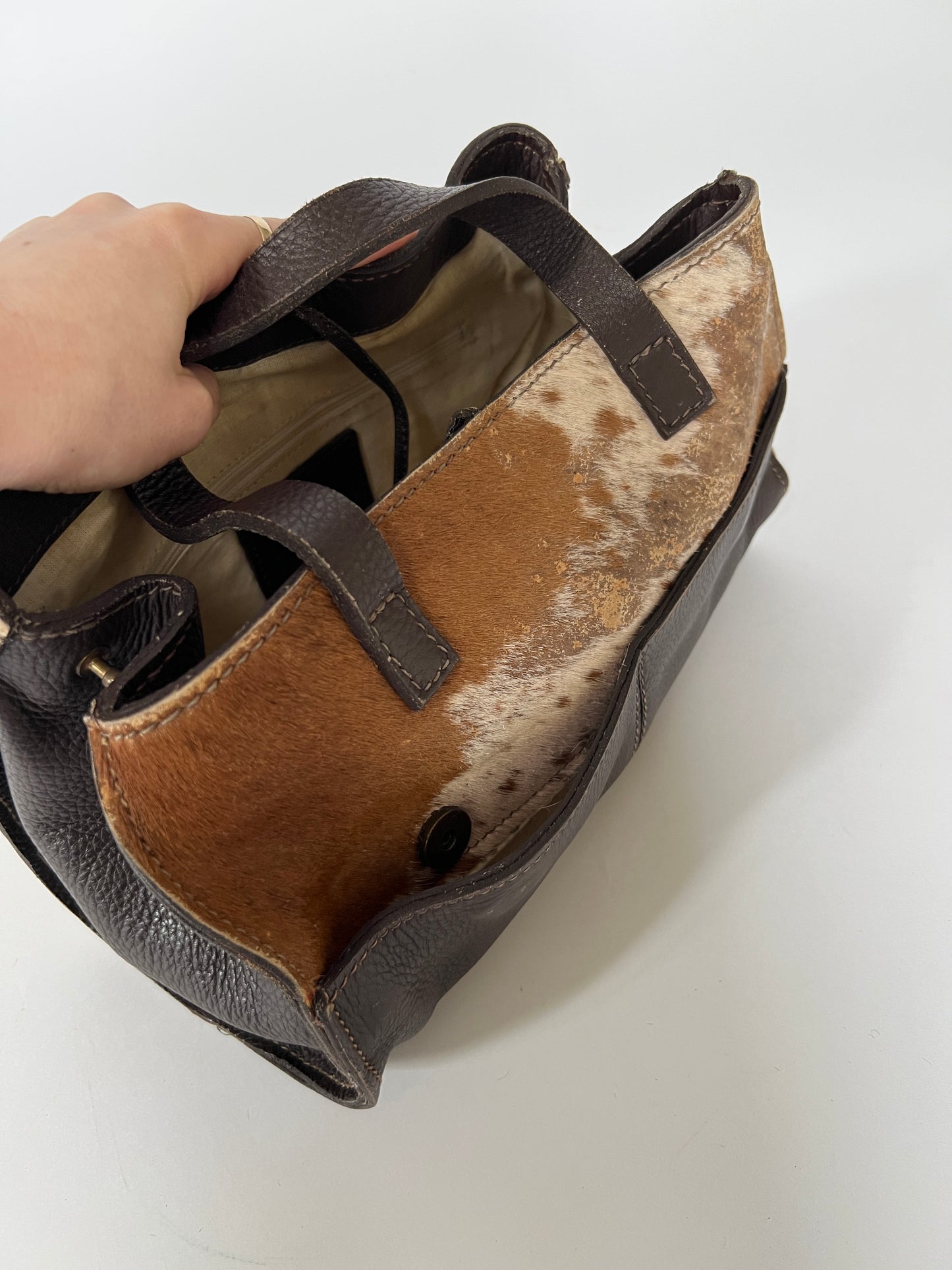 Distressed Cowhide Bag with Brown Leather