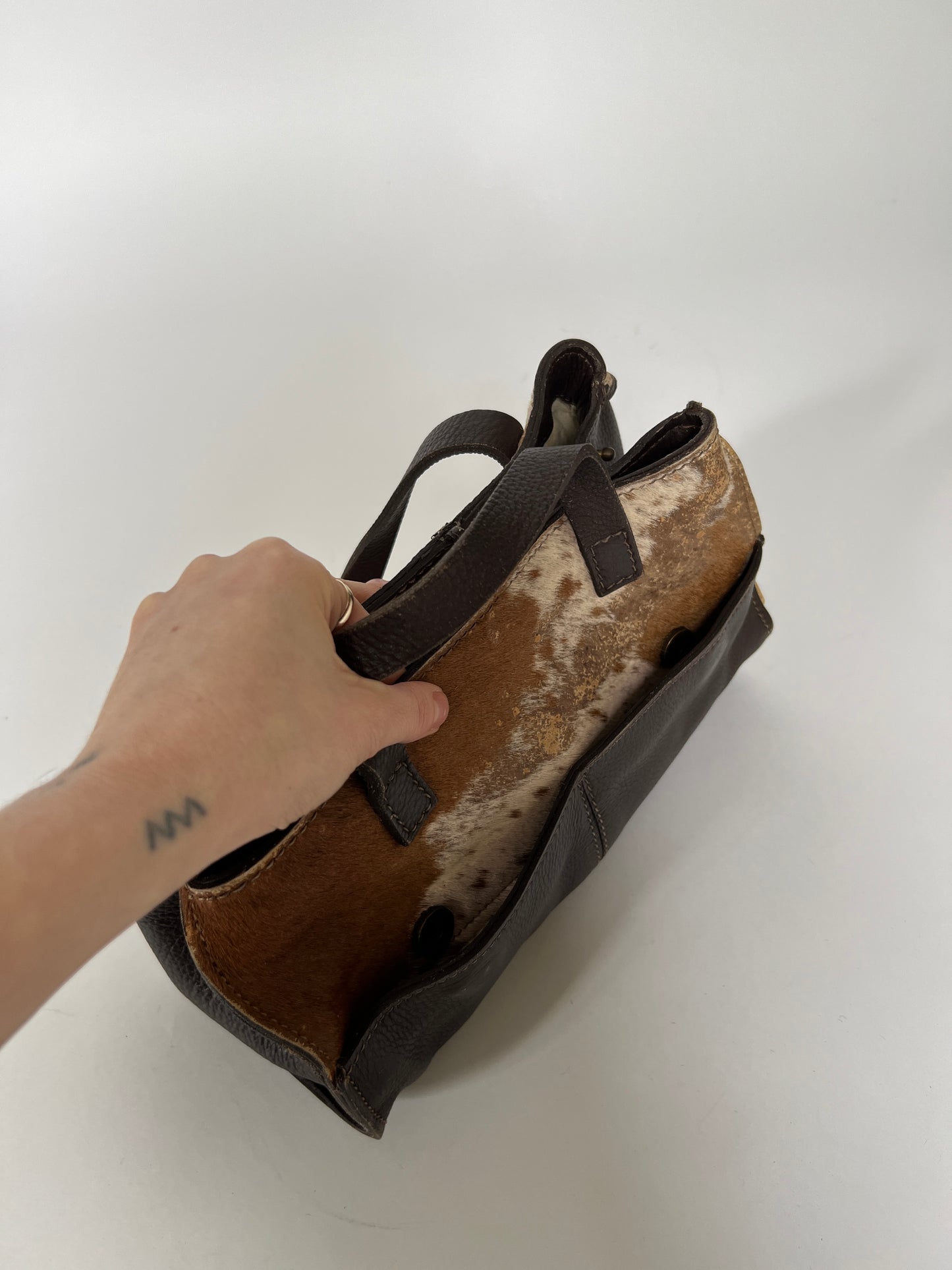Distressed Cowhide Bag with Brown Leather