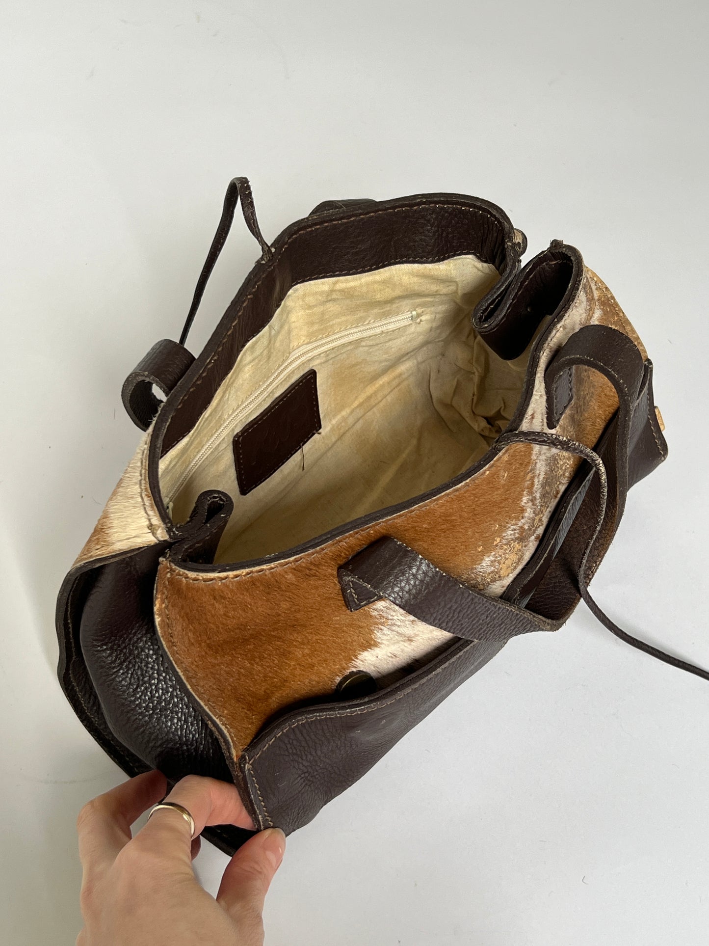 Distressed Cowhide Bag with Brown Leather