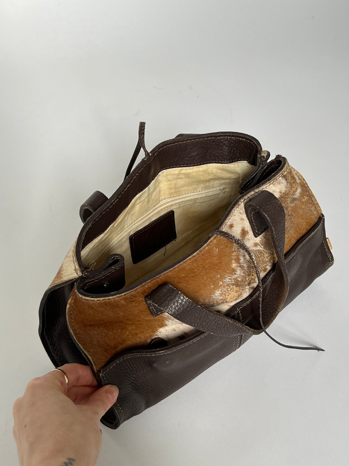 Distressed Cowhide Bag with Brown Leather