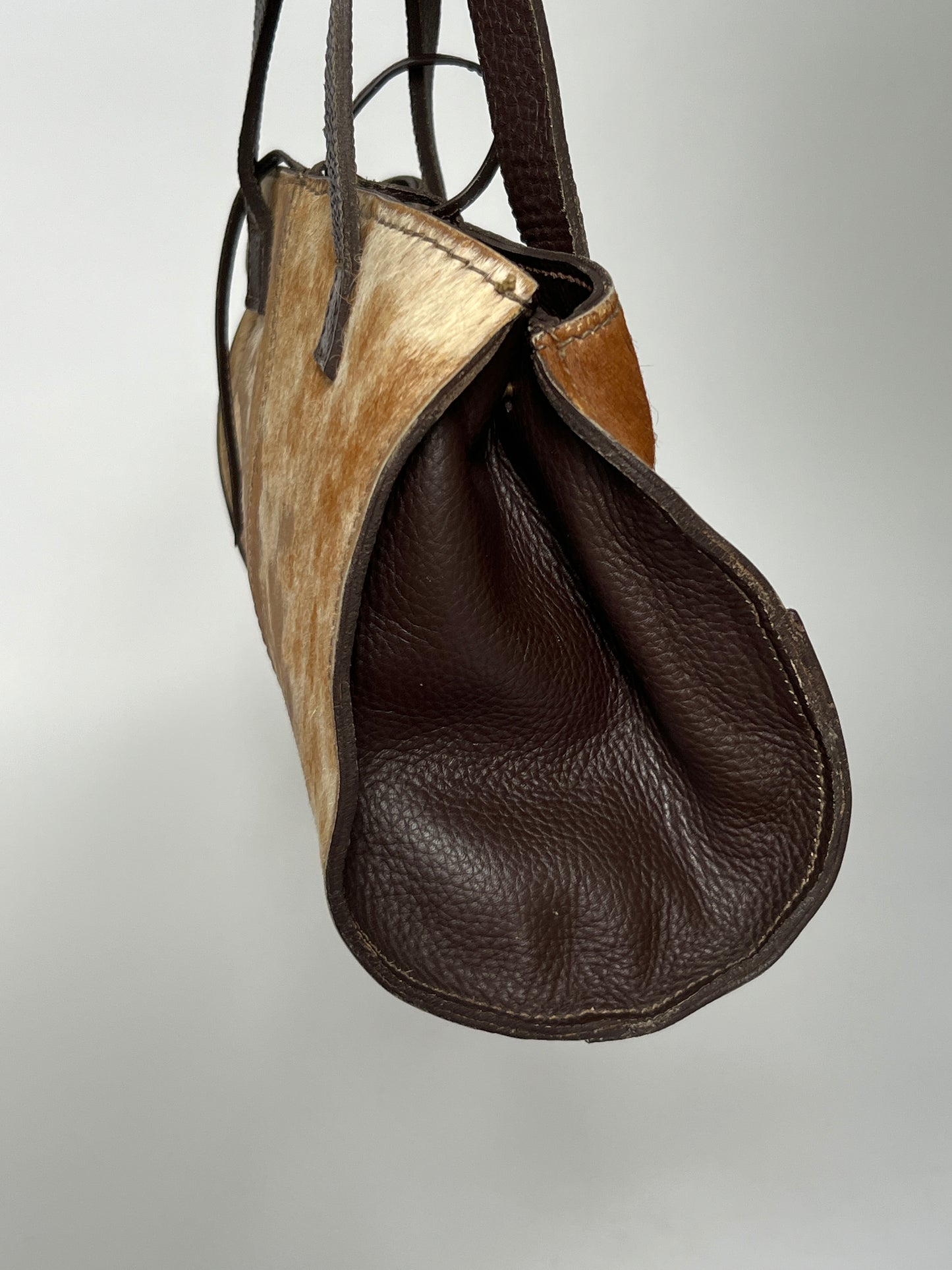 Distressed Cowhide Bag with Brown Leather