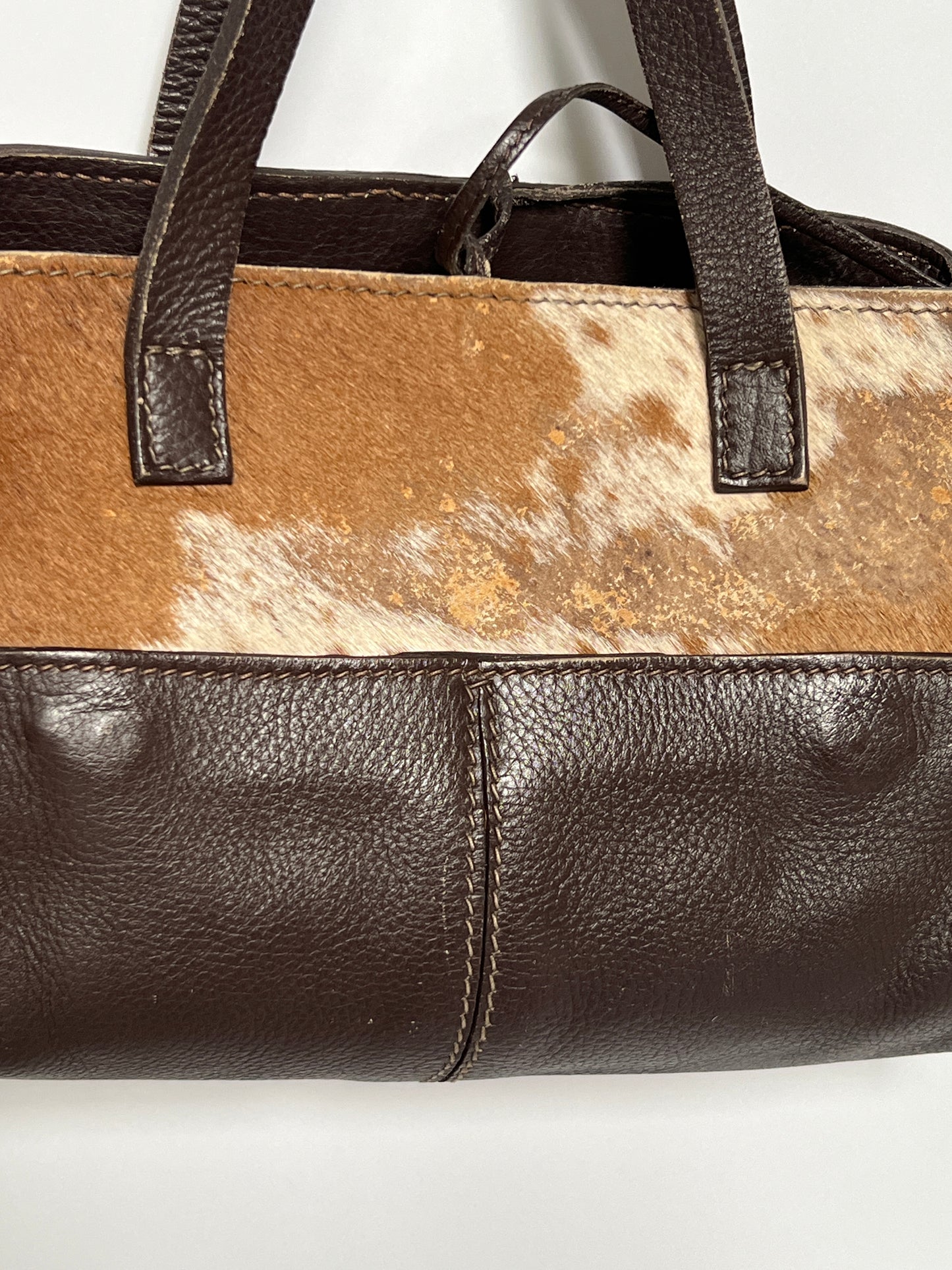 Distressed Cowhide Bag with Brown Leather