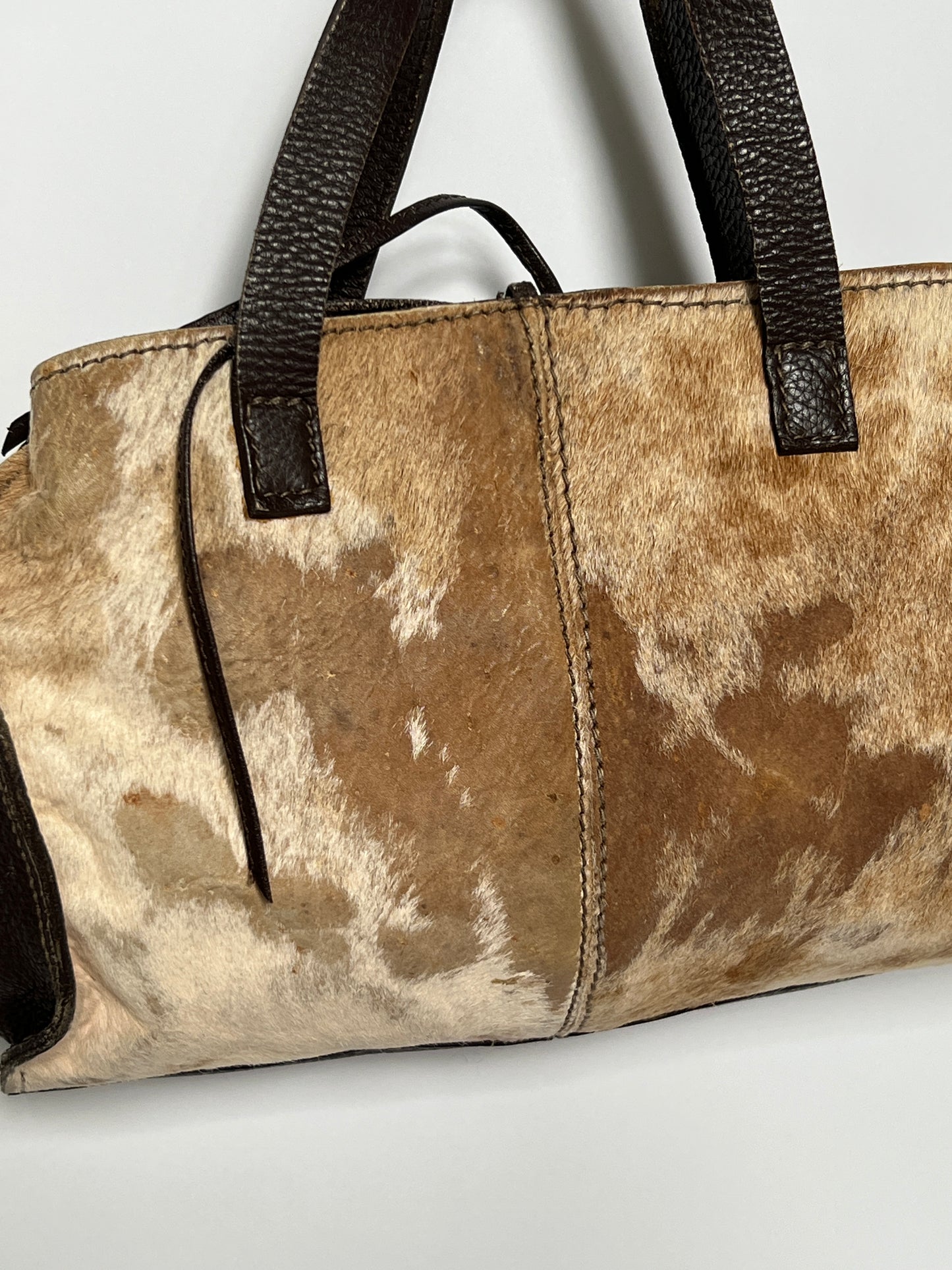 Distressed Cowhide Bag with Brown Leather