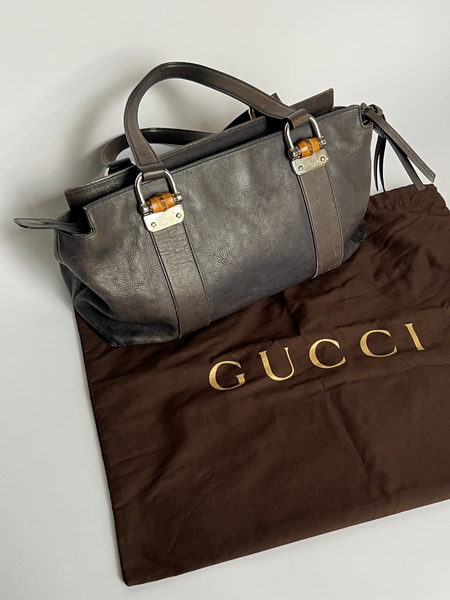 Gucci Bamboo Gunmetal Grey Leather Tote