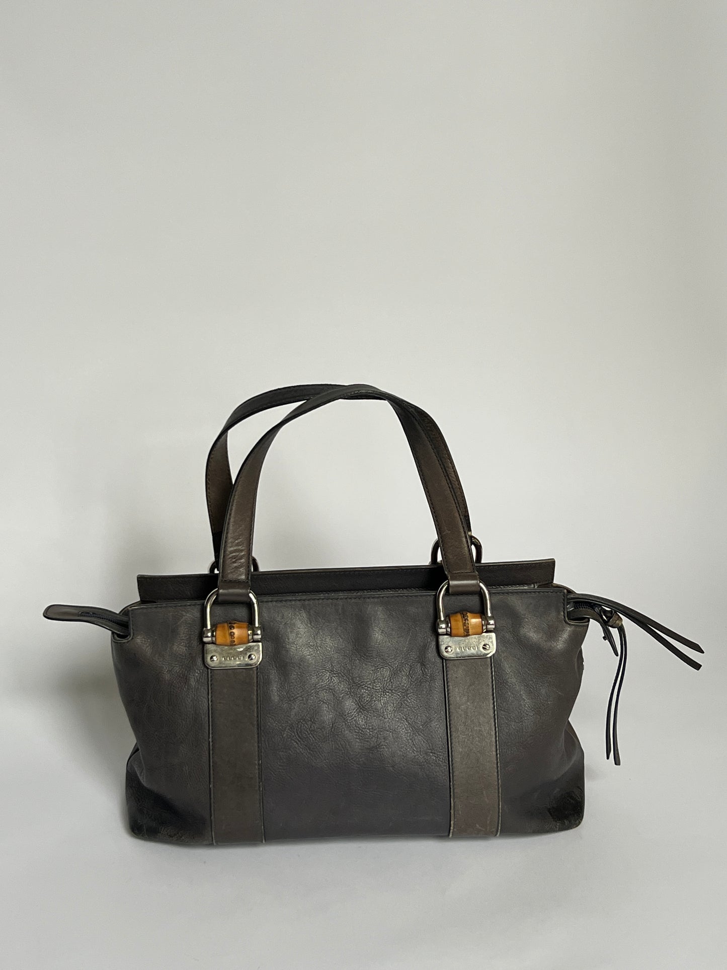 Gucci Bamboo Gunmetal Grey Leather Tote