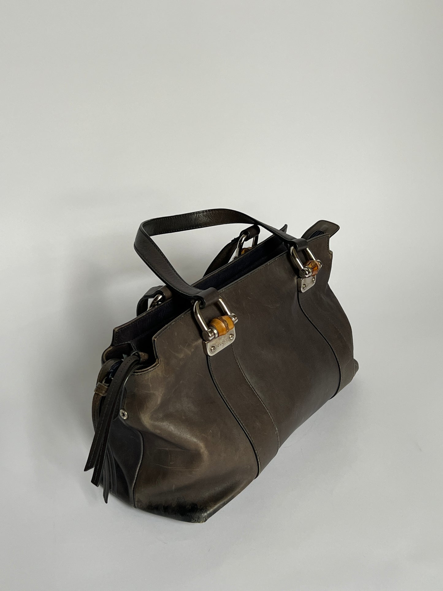 Gucci Bamboo Gunmetal Grey Leather Tote