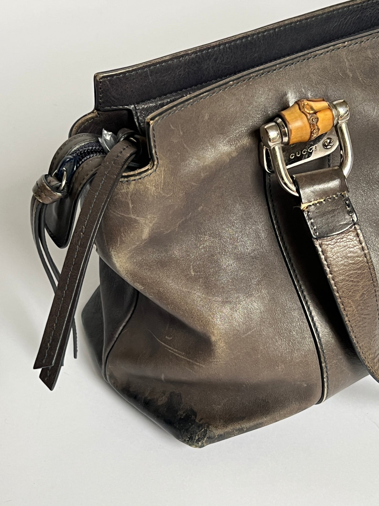 Gucci Bamboo Gunmetal Grey Leather Tote