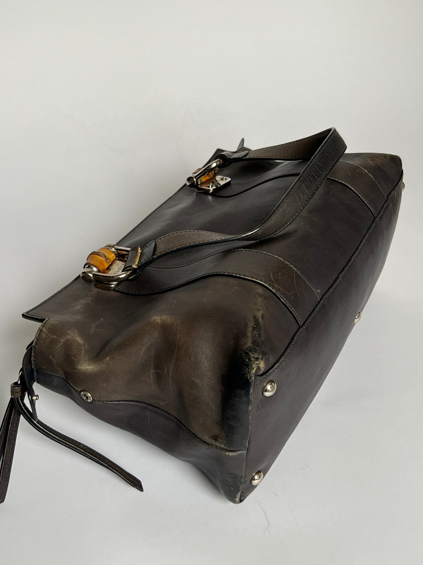 Gucci Bamboo Gunmetal Grey Leather Tote