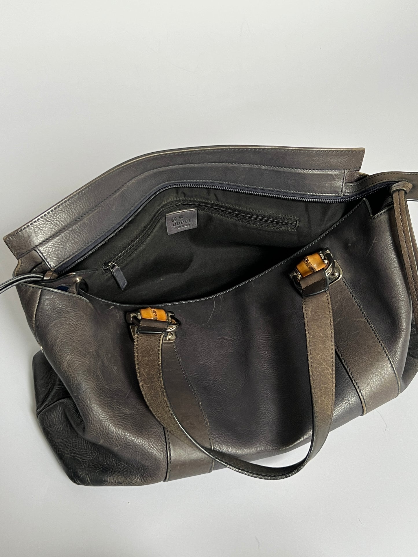 Gucci Bamboo Gunmetal Grey Leather Tote