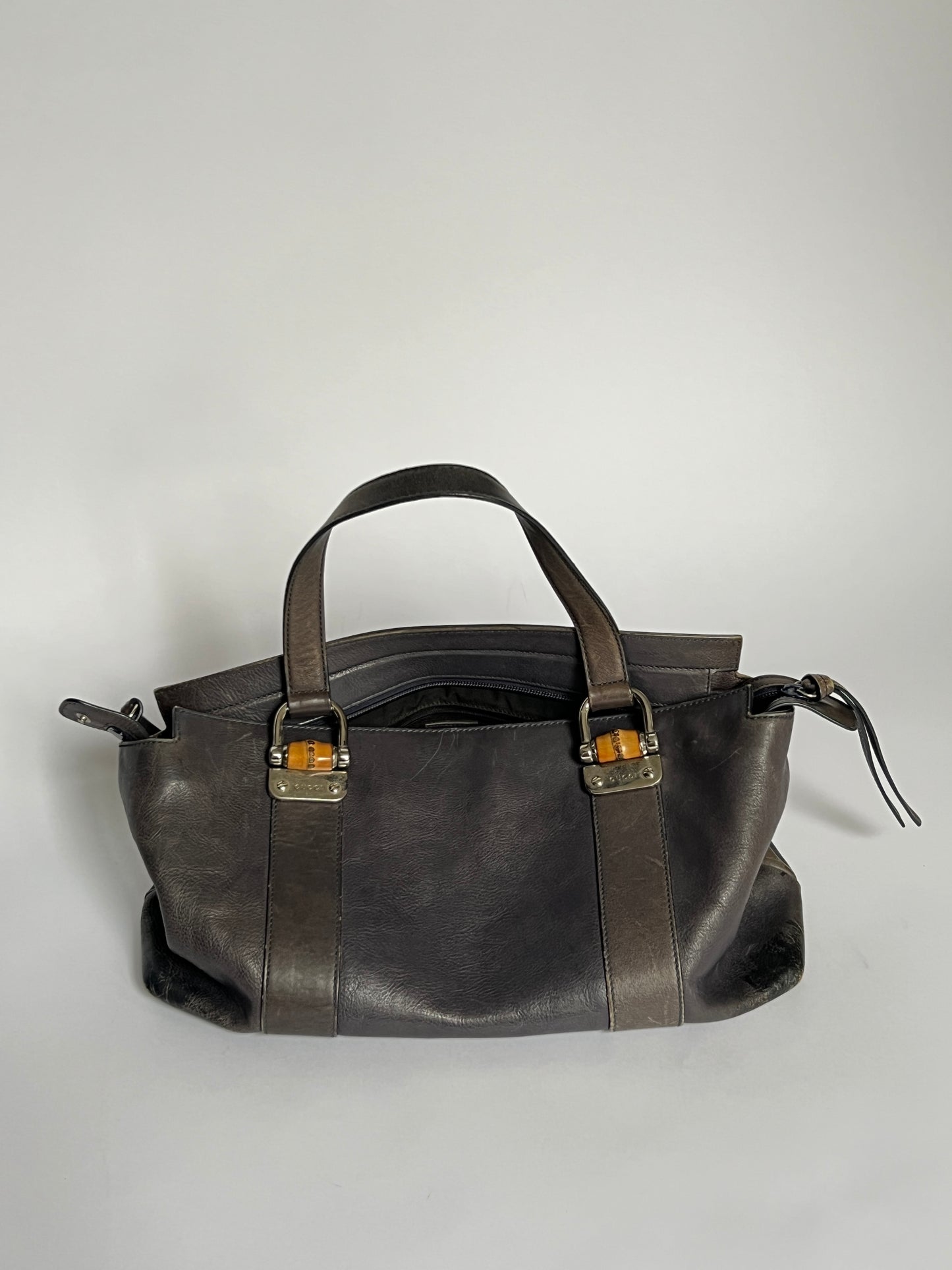 Gucci Bamboo Gunmetal Grey Leather Tote