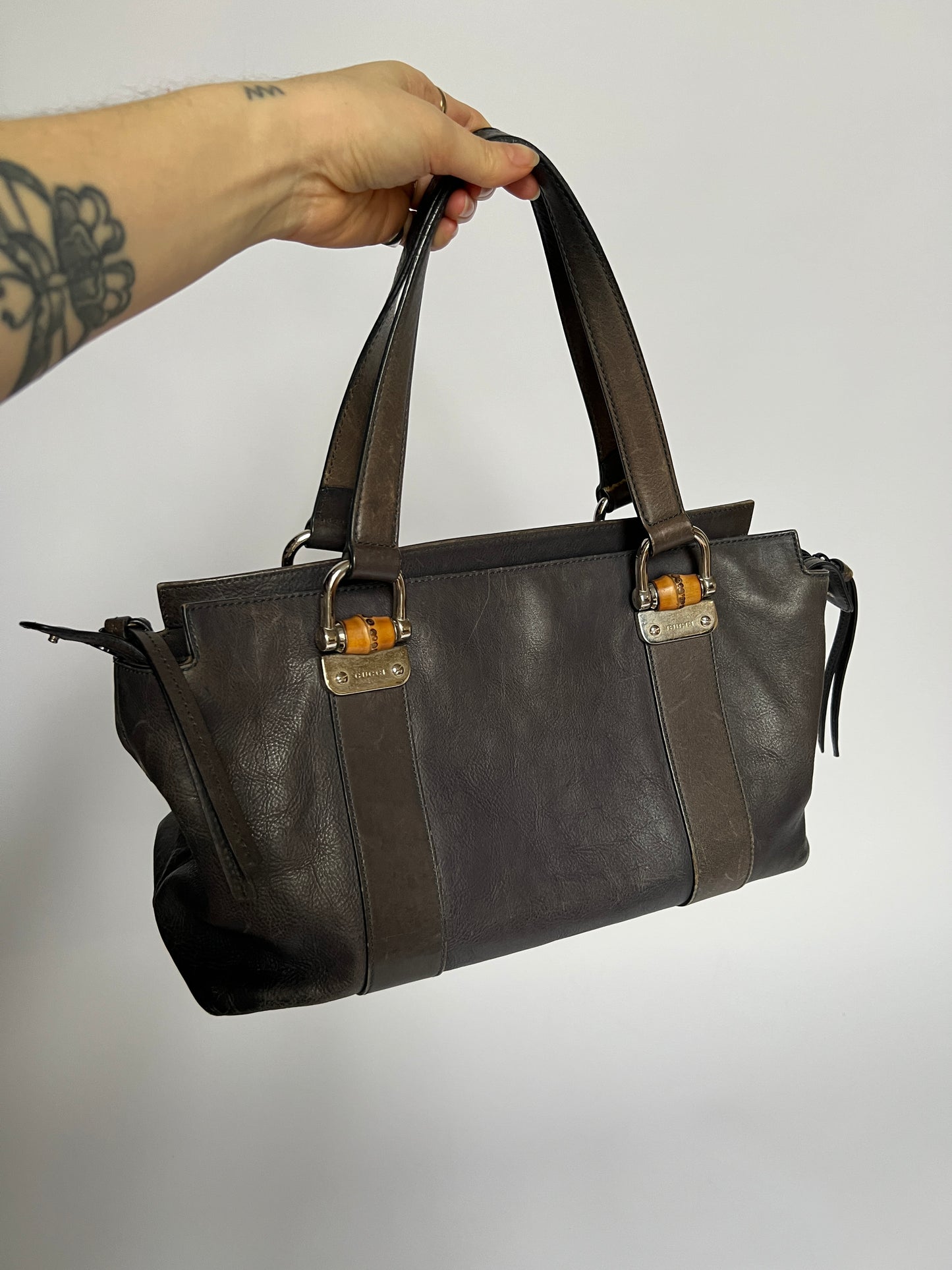 Gucci Bamboo Gunmetal Grey Leather Tote