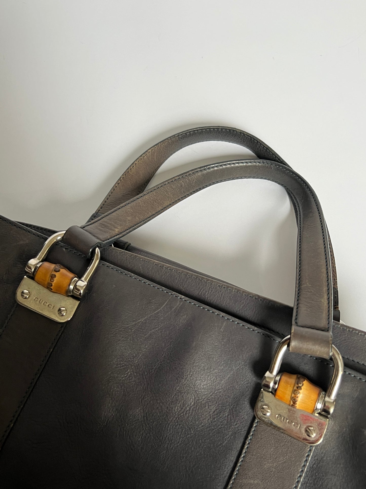 Gucci Bamboo Gunmetal Grey Leather Tote