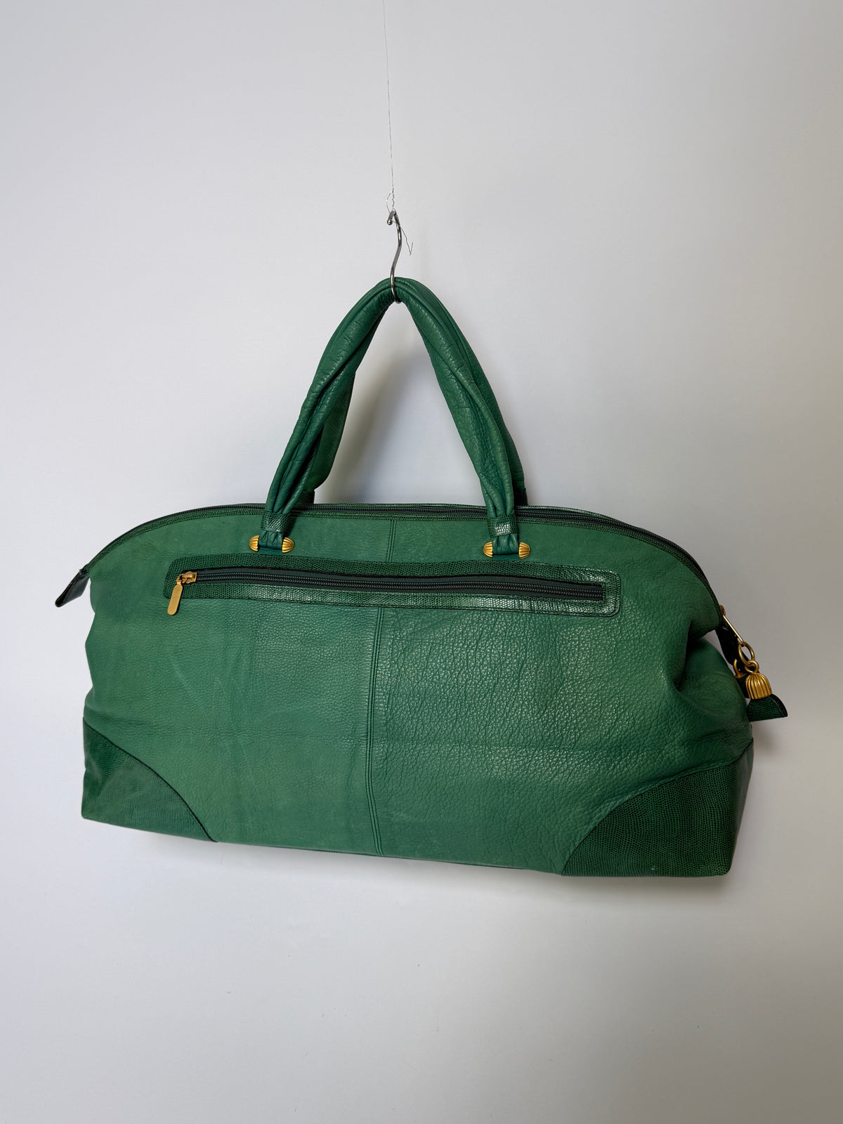 Ginza Kanematsu Green Leather Duffle Bag with Lizard-Embossed Trim