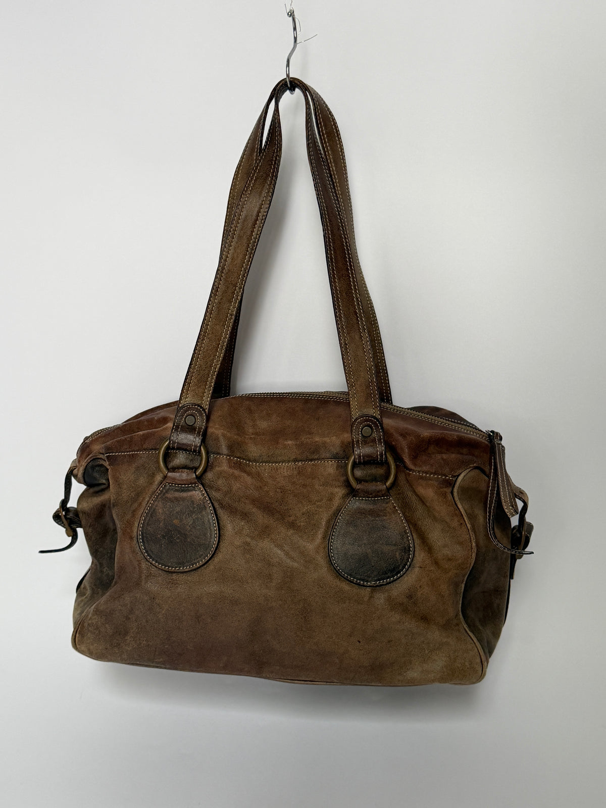 Brown Distressed Leather Y2K Bowler Bag