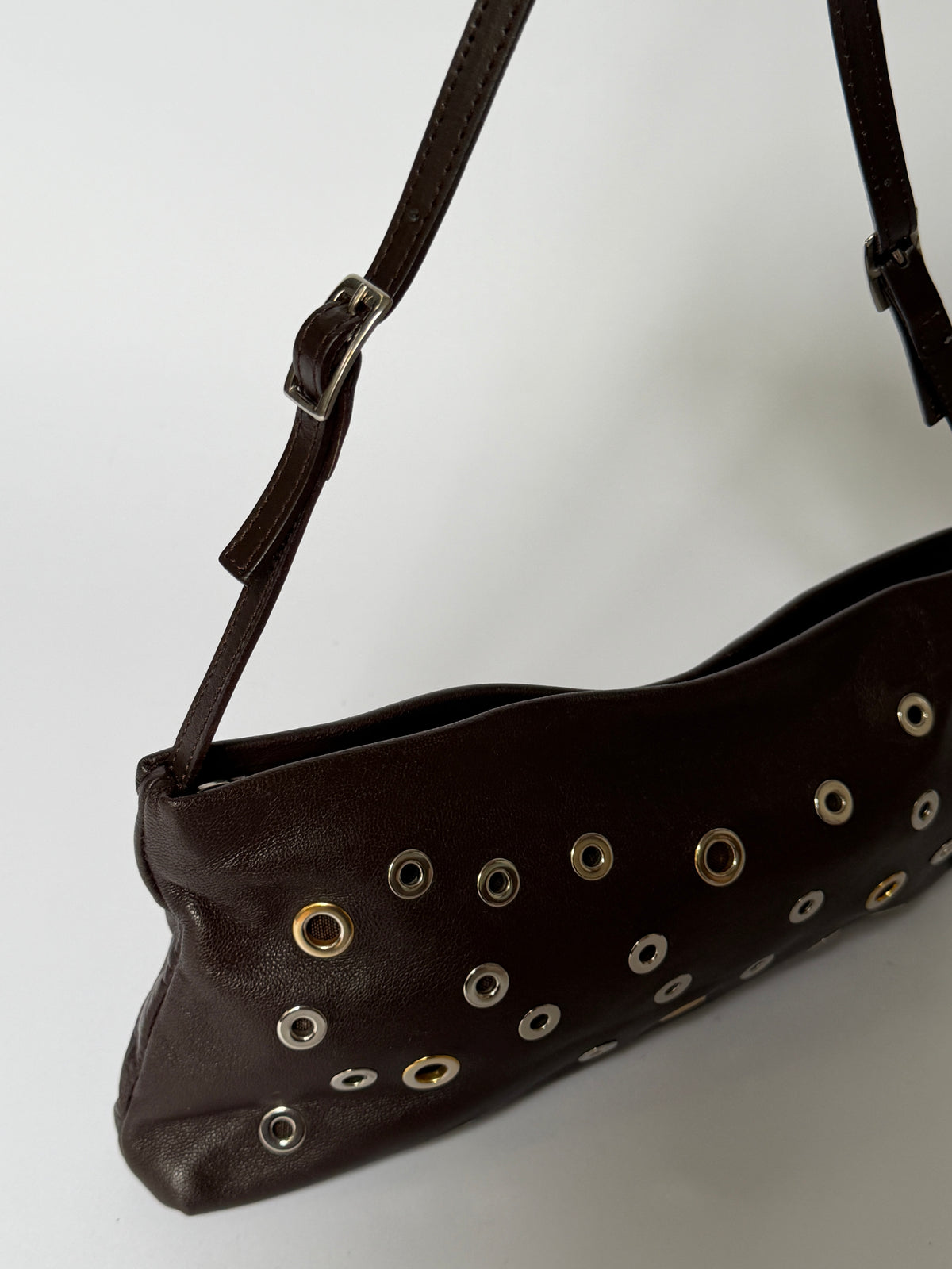 Dark Brown Leather Eyelet Grommet Shoulder Bag