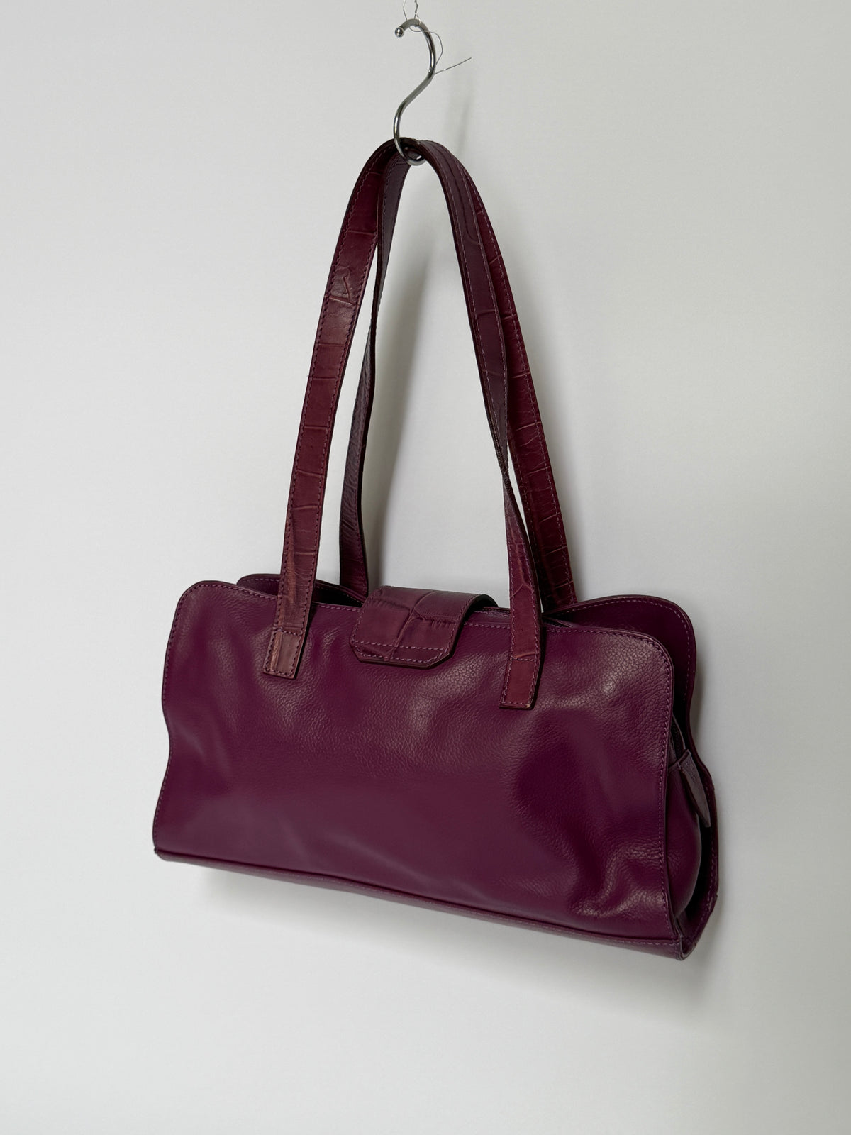 Plum Leather Shoulder Bag with Croc-Embossed Trim