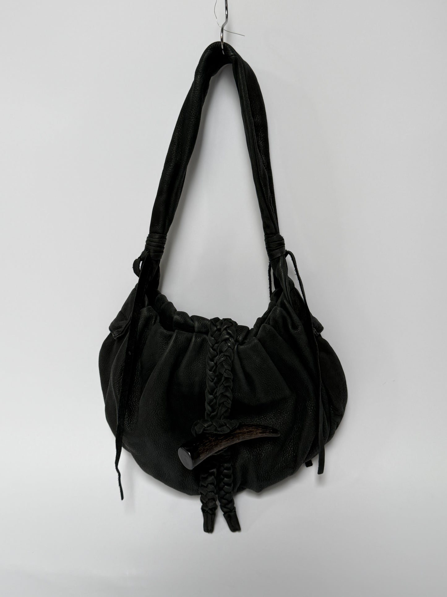 Black Braided Leather Shoulder Bag — Horn Detail