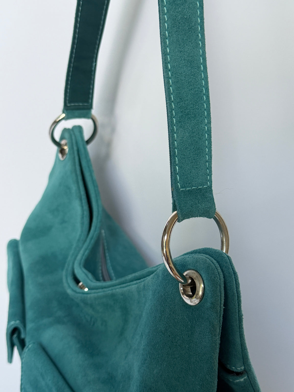 Blue Suede Hobo Bag with Twin Front Pockets
