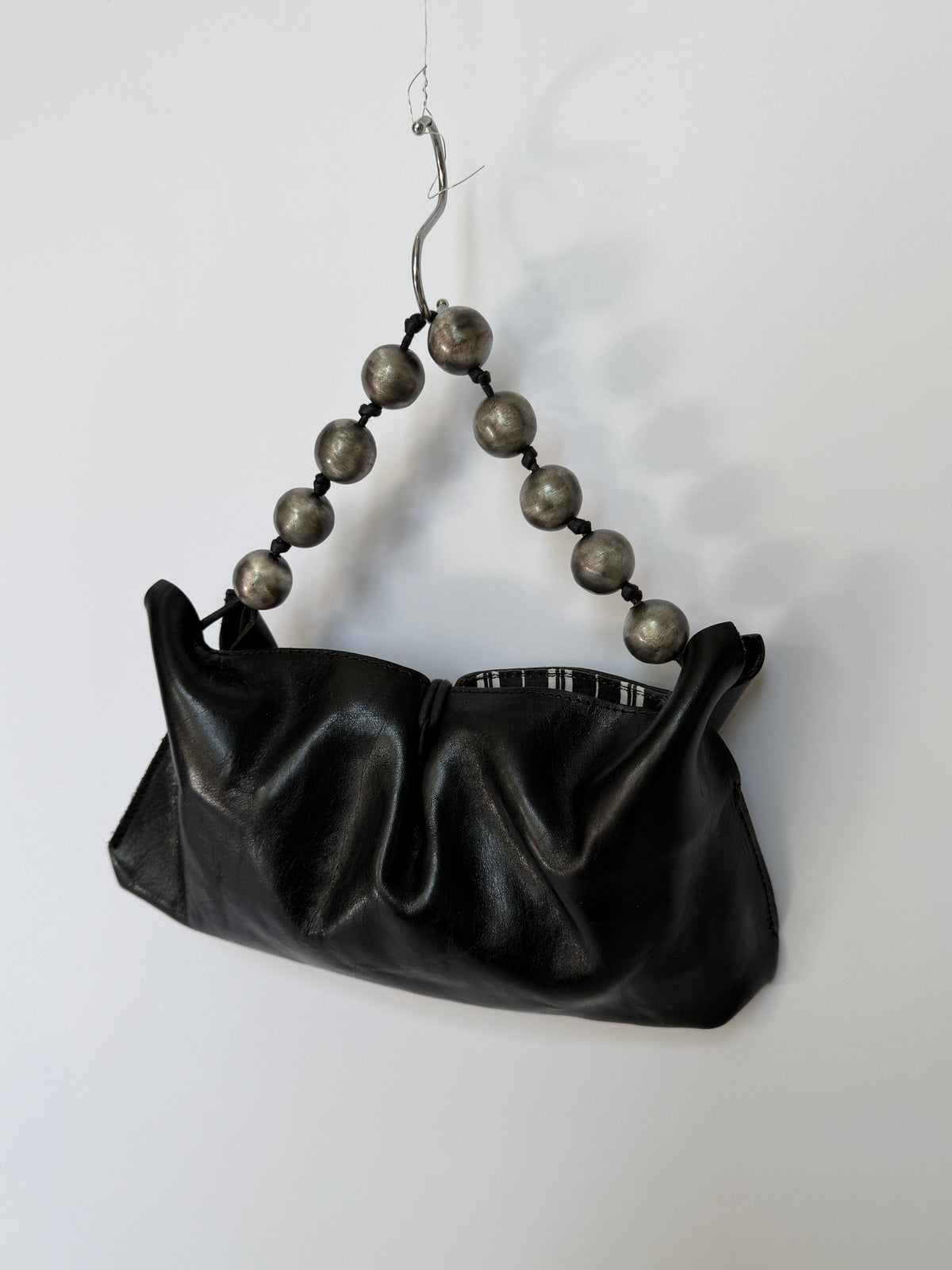 Black Leather Mini Party Bag with Silver Bead Handle