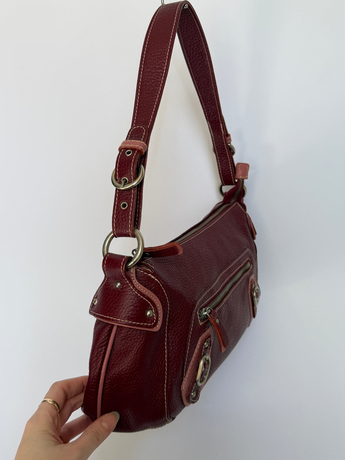 Wine Red Leather Shoulder Bag with Buckle Strap Details