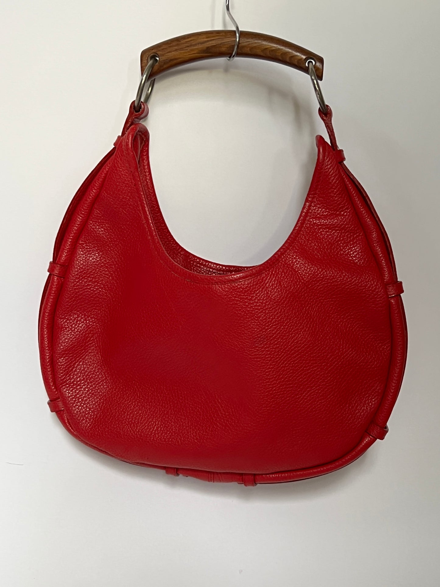Italian Red Leather Hobo Bag with Wooden Handle