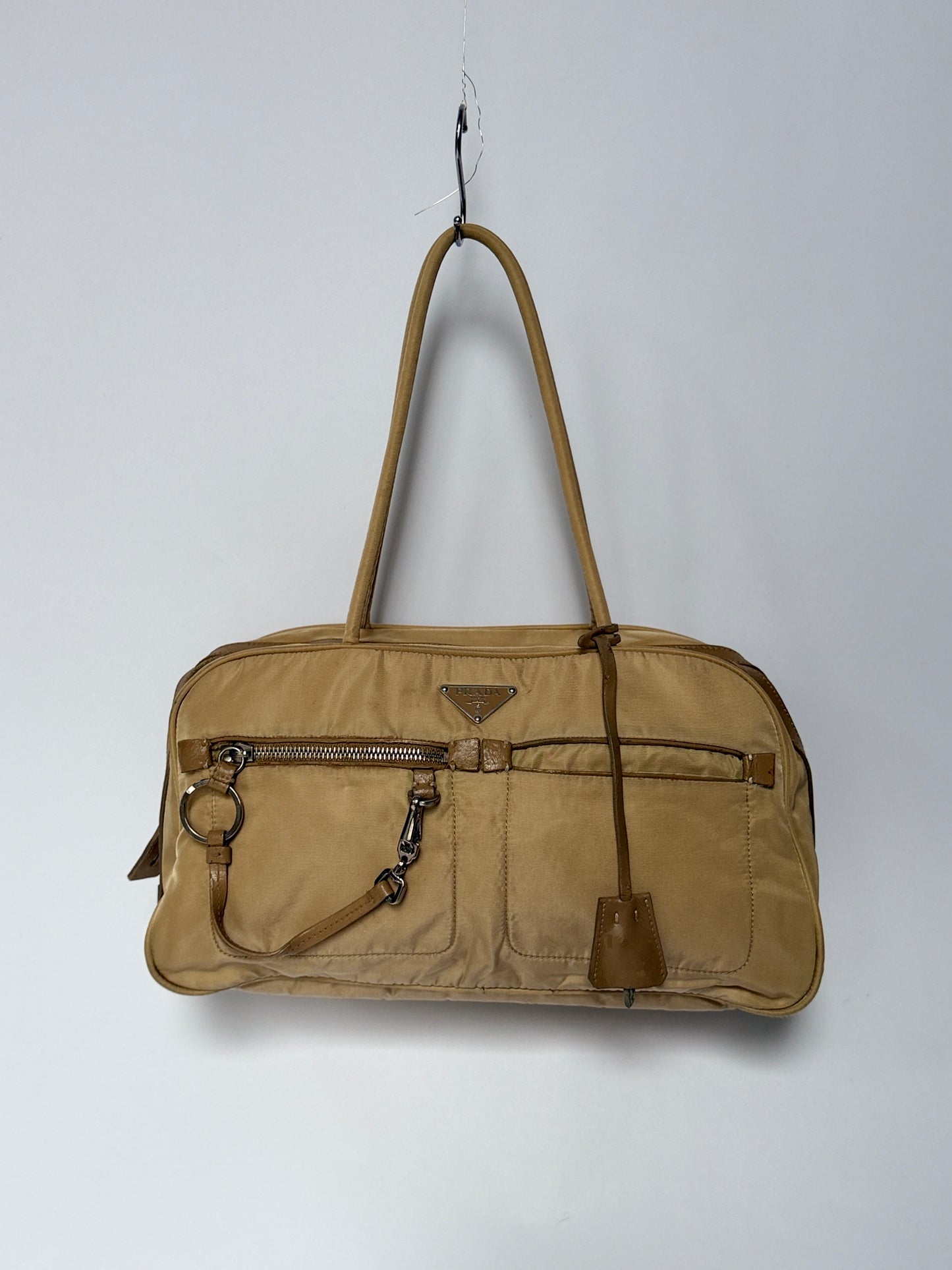 Prada Tessuto Nylon Lock & Key Shoulder Bag — Taupe