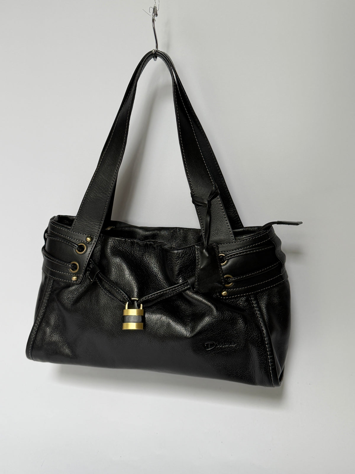 Black Leather Tote Bag with Padlock