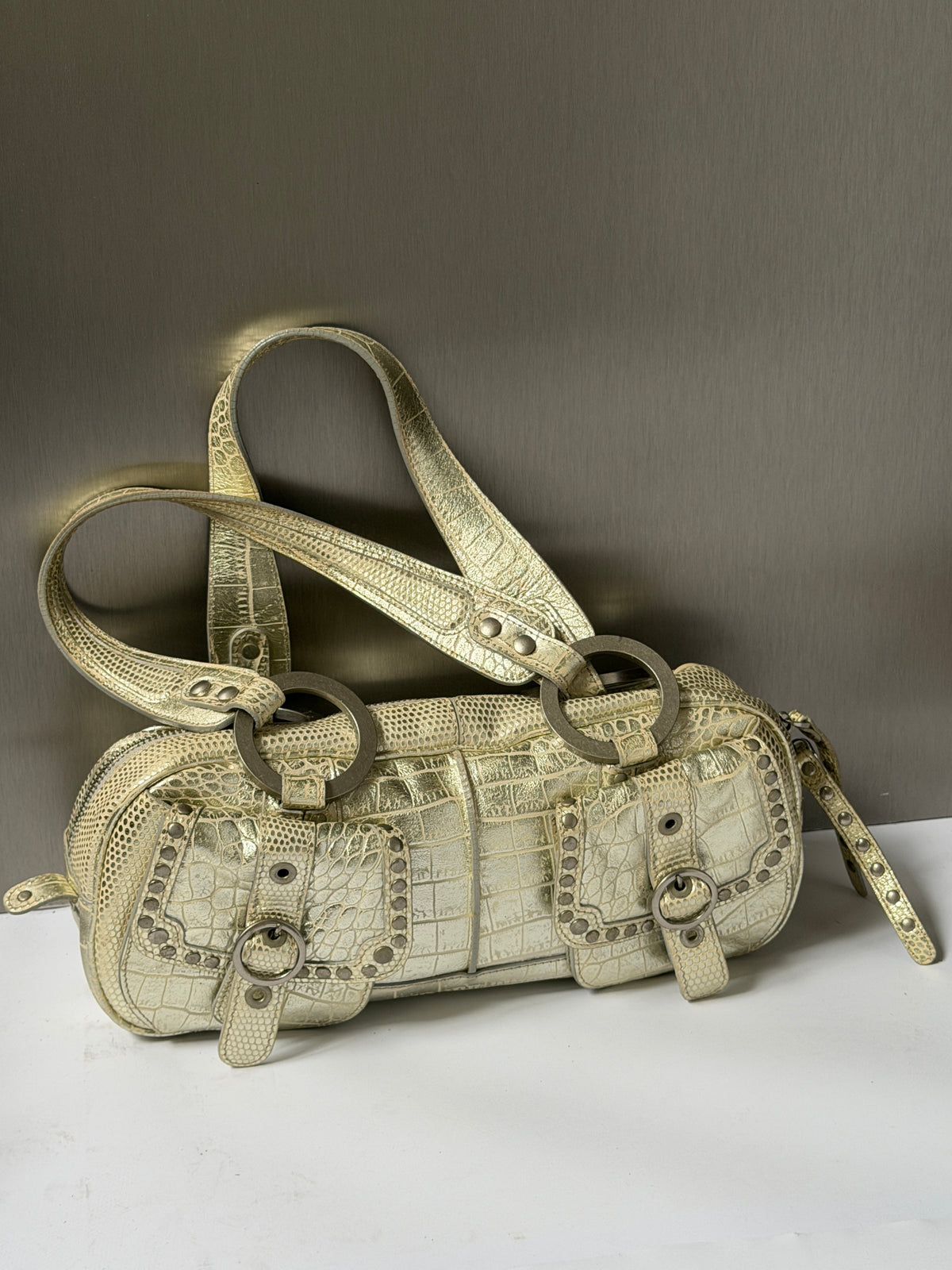 Champagne Gold Croc-Embossed Leather Shoulder Bag