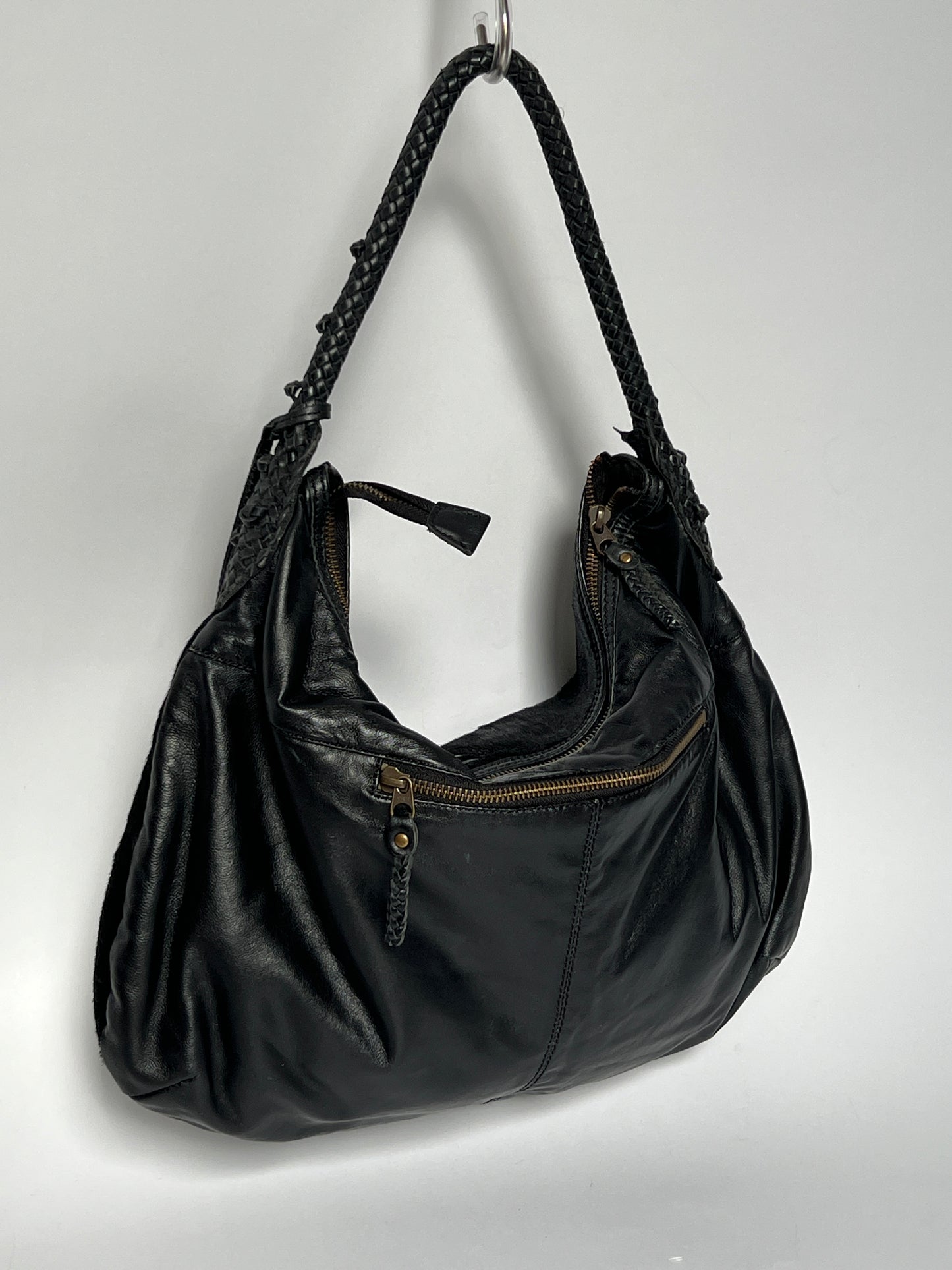 Black Leather Cowhide Hobo Bag