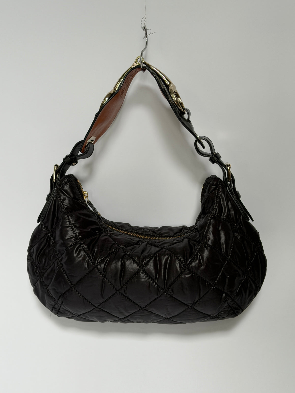 Black Quilted Nylon Hobo Shoulder Bag with Horsebit Leather Handle