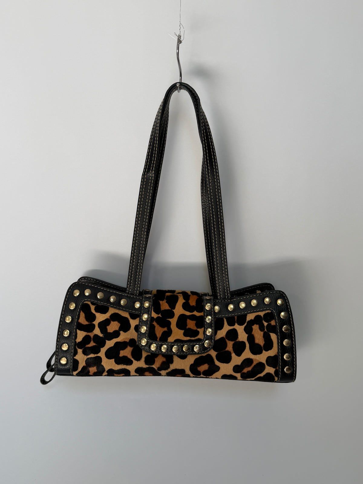 Leopard Print Pony Hair Studded East West Bag
