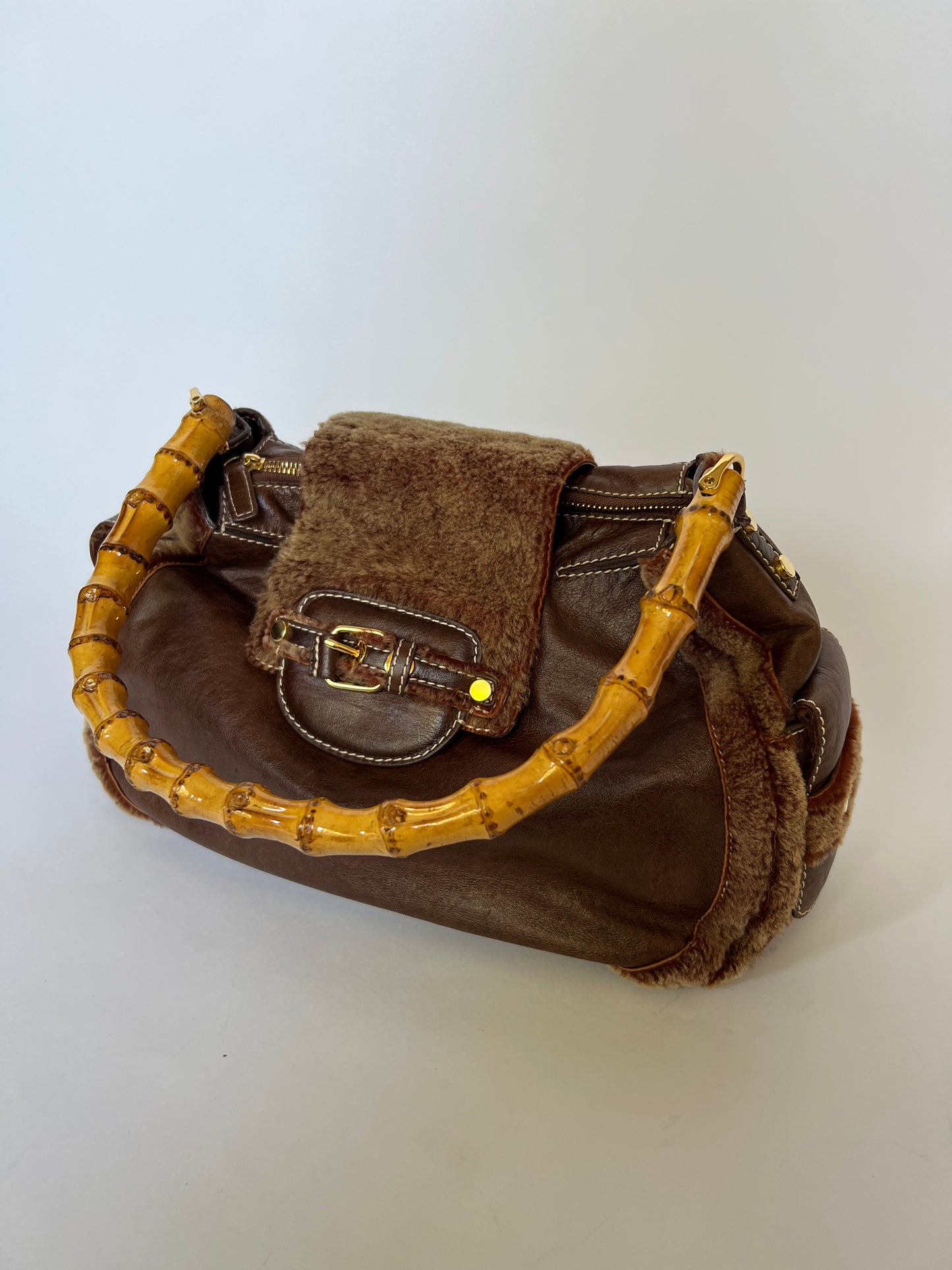Y2K Brown Leather & Shearling Bamboo Handle Bag