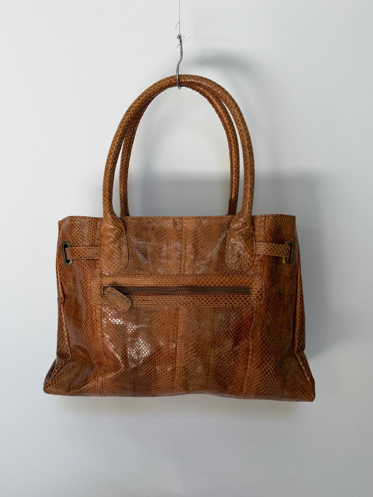 Tan Python Print Tote Bag with Belted Turn Lock Front
