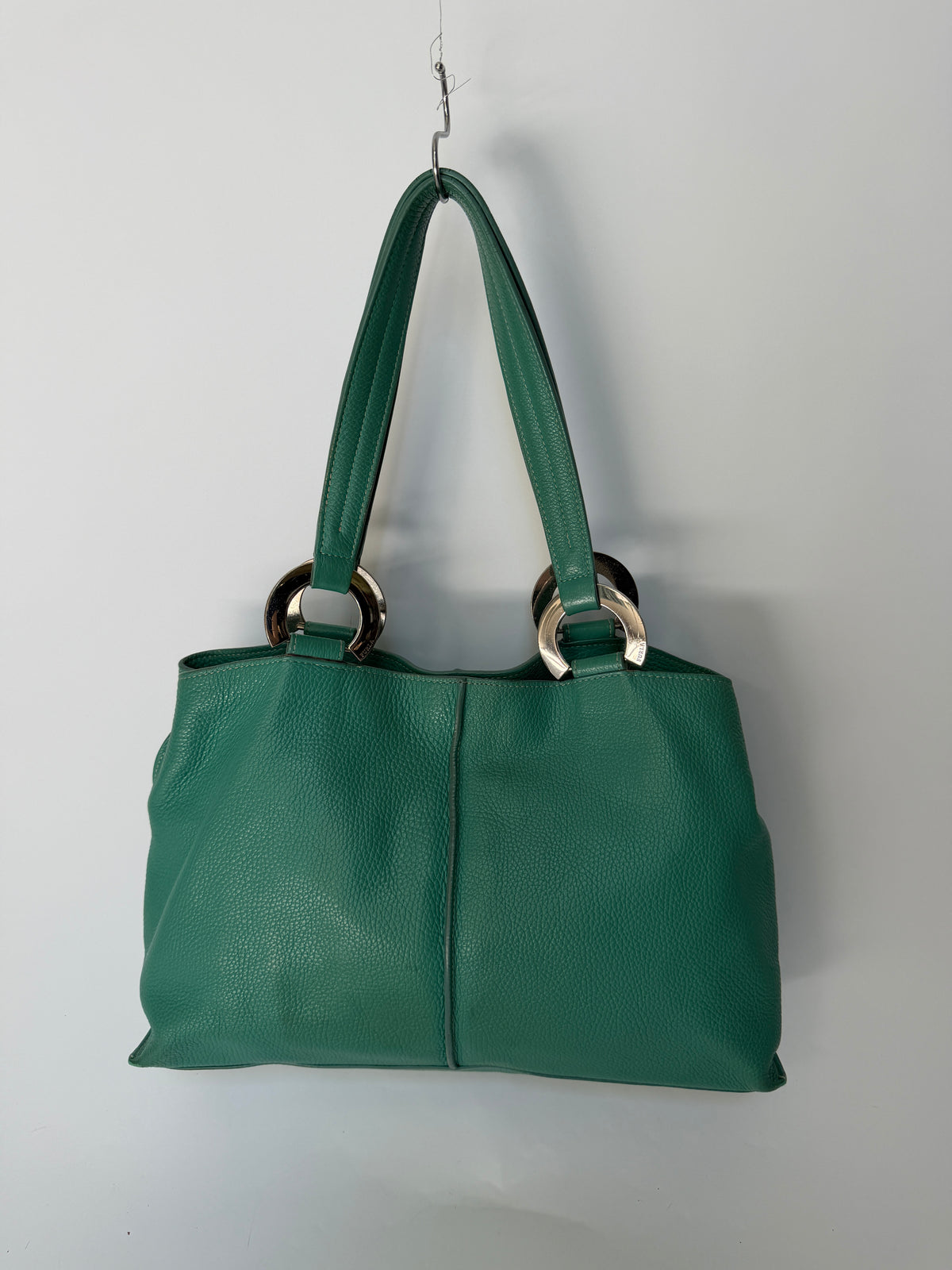Teal Pebbled Leather Shoulder Bag with Silver Ring Hardware