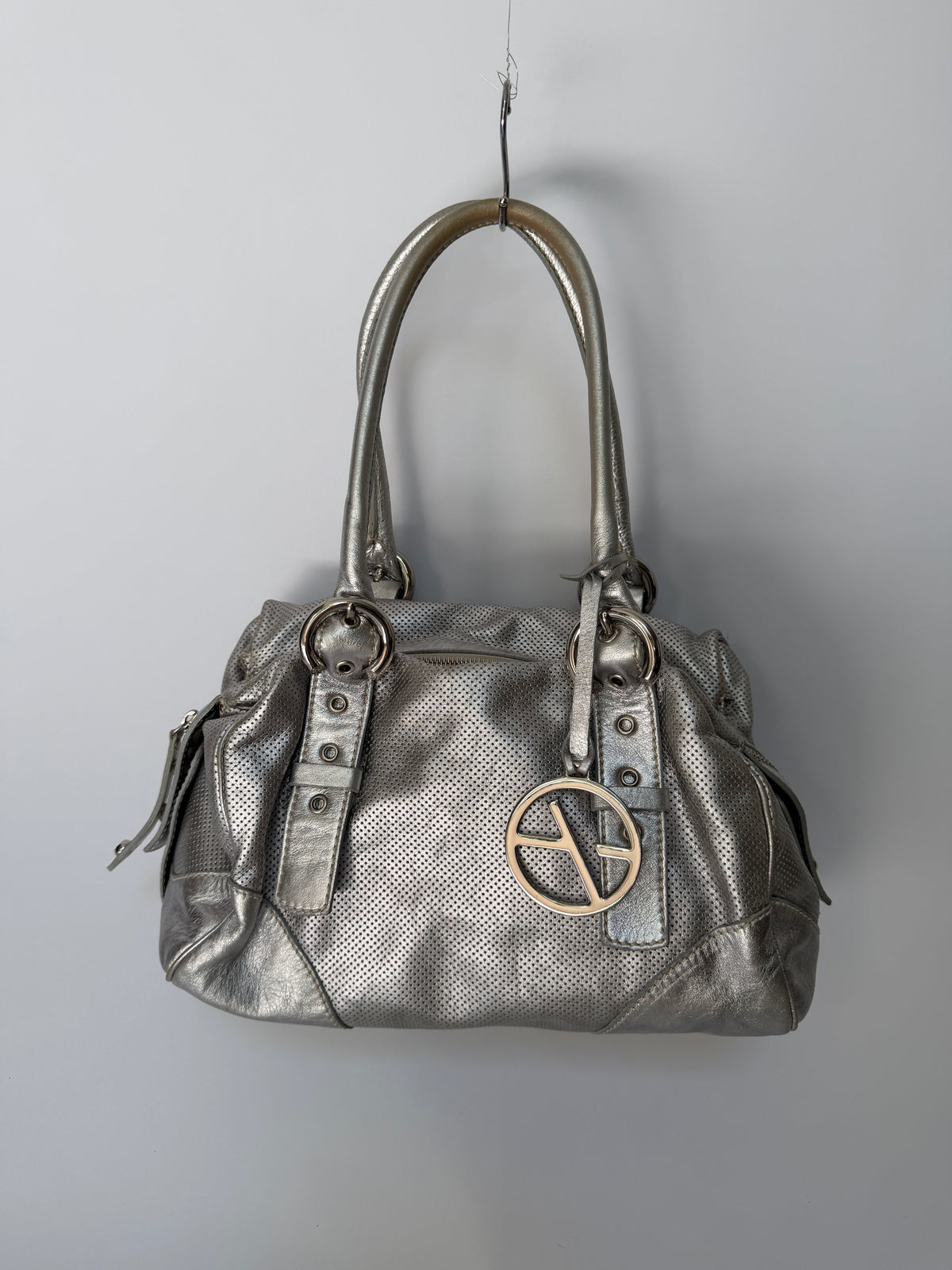 Silver Leather Shoulder Bag with Buckle Straps and Logo Charm
