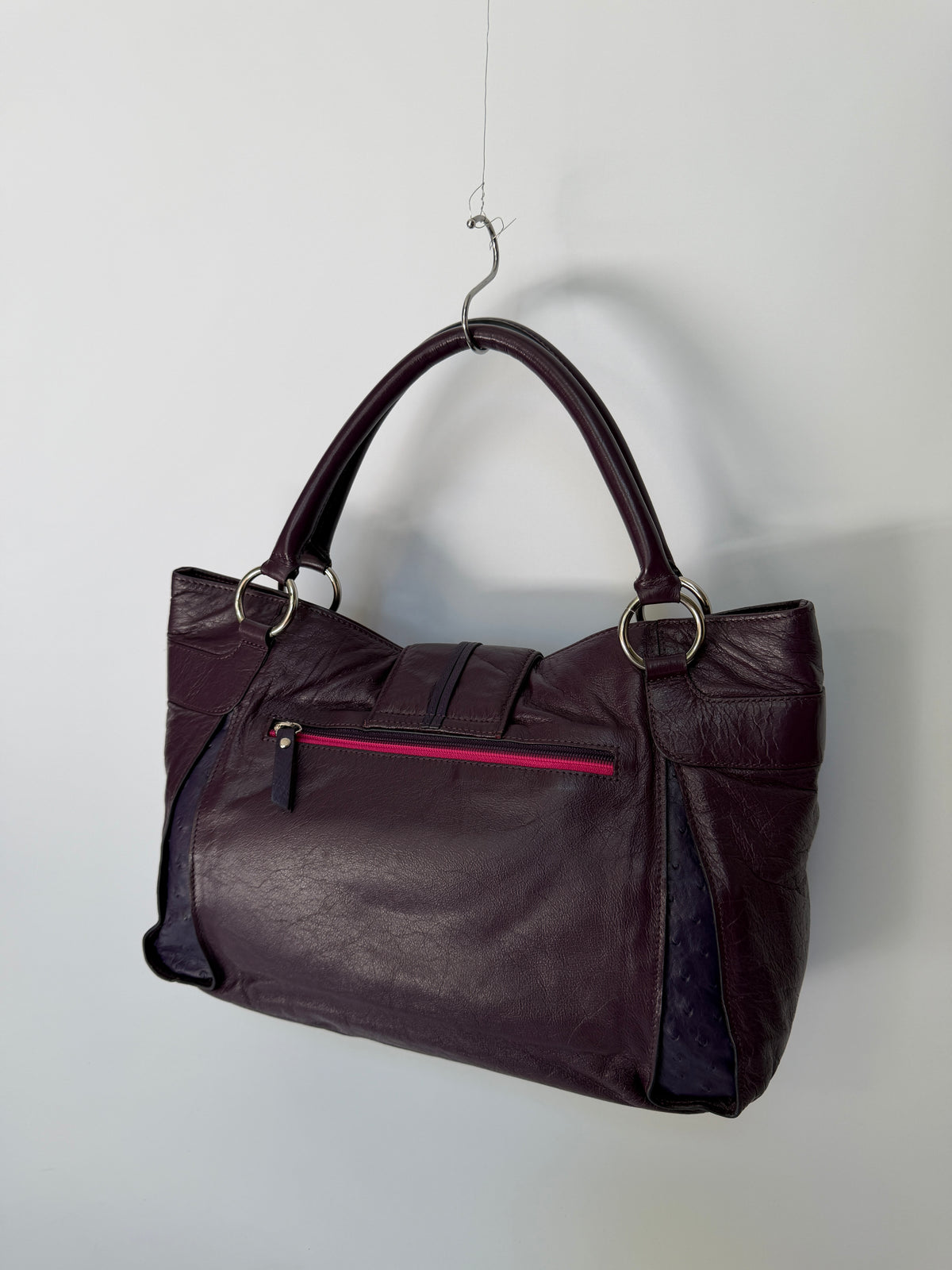 Plum Leather Bag with Ostrich Leather Panels