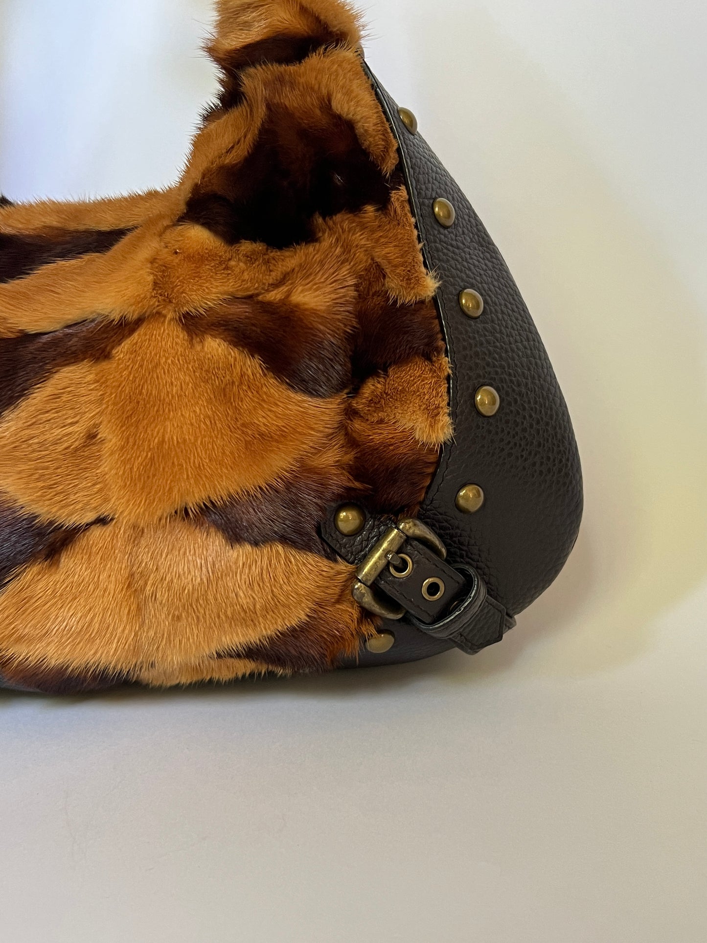 Mink Fur & Leather Studded Hobo Bag
