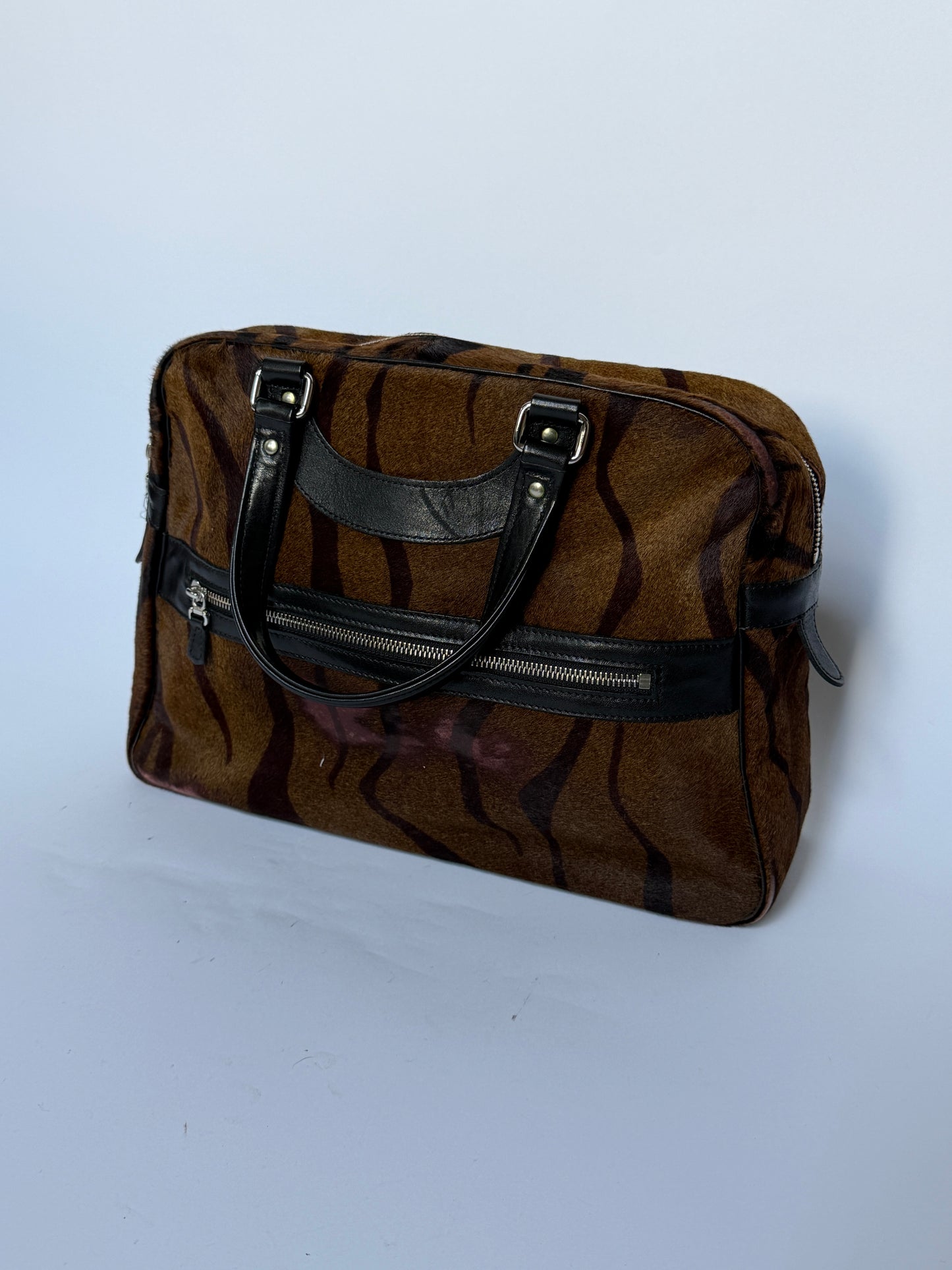 Tiger Print Pony Hair Boston Duffle Bag