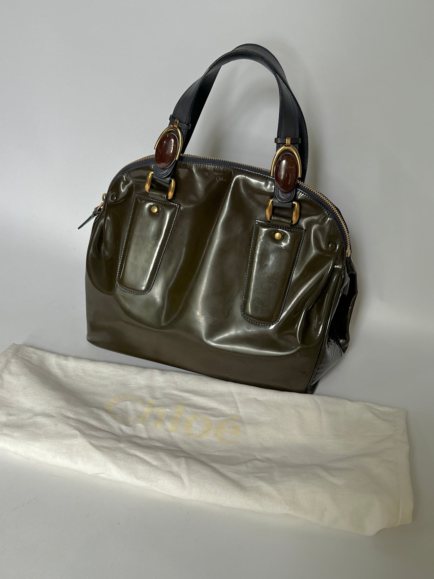Chloé Patent Leather Gem Hardware Bag – Olive