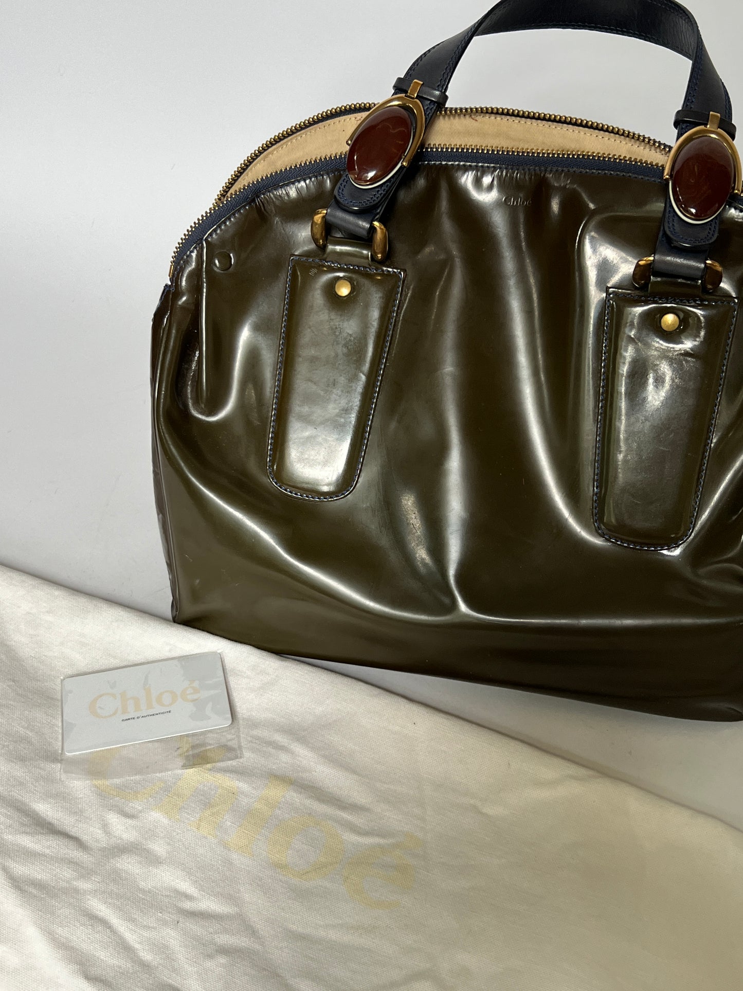 Chloé Patent Leather Gem Hardware Bag – Olive
