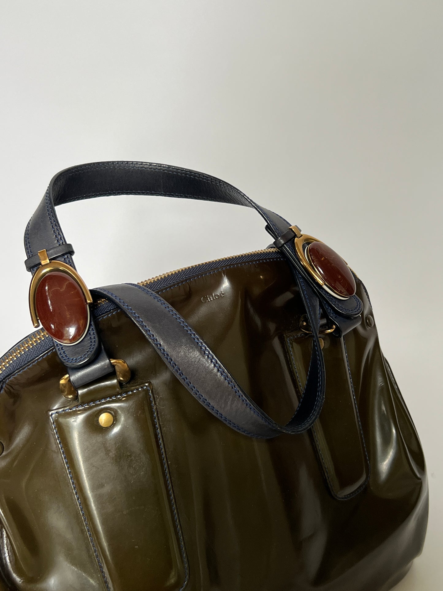 Chloé Patent Leather Gem Hardware Bag – Olive