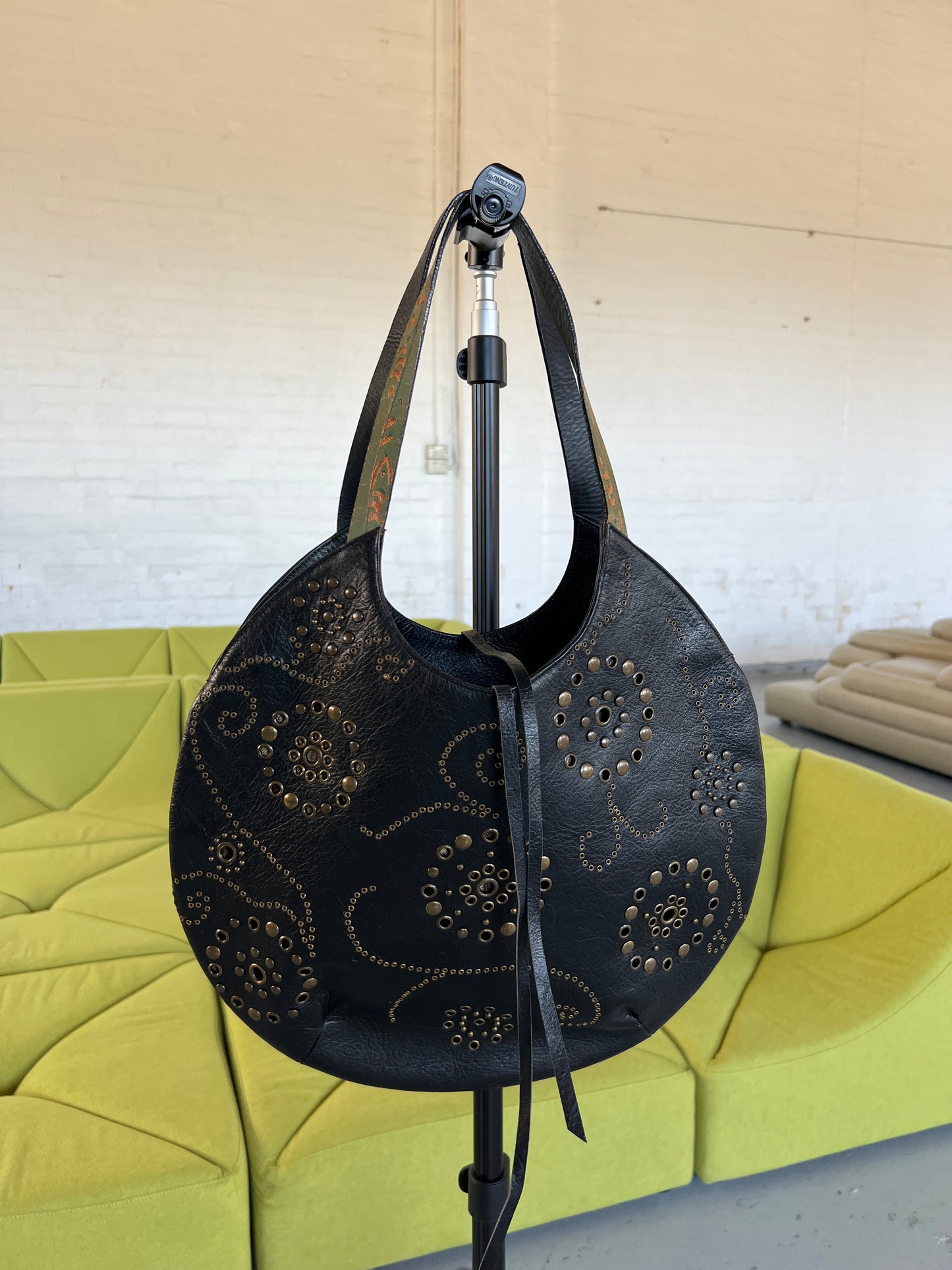 Black Leather Eyelet Tote Bag