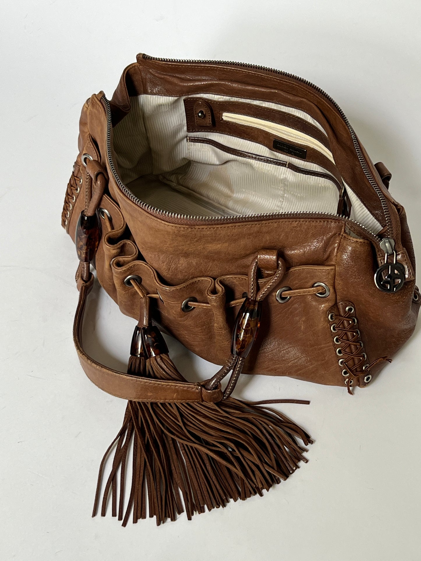 Giorgio Armani Leather Tassel Shoulder Bag with Beaded & Corset Detailing
