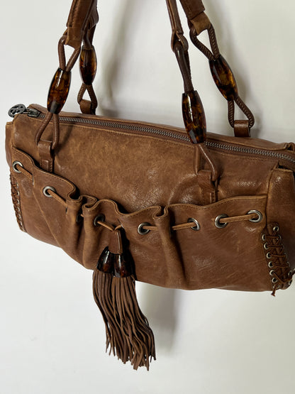 Giorgio Armani Leather Tassel Shoulder Bag with Beaded & Corset Detailing