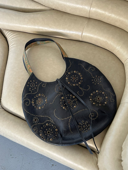 Black Leather Eyelet Tote Bag