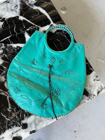 Aqua Leather Bag with Gems