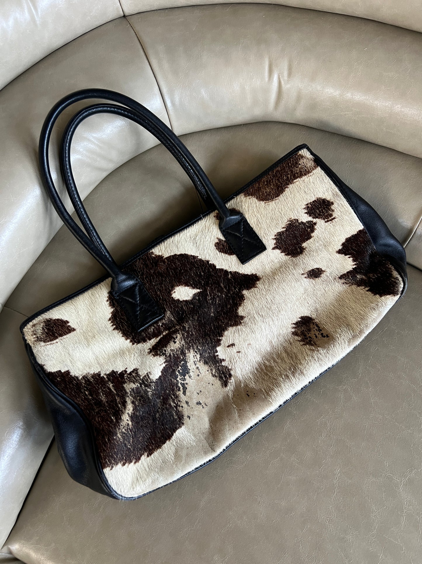 Distressed Cowhide Bag with Black Leather