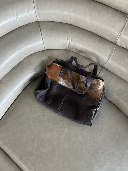Distressed Cowhide Bag with Brown Leather